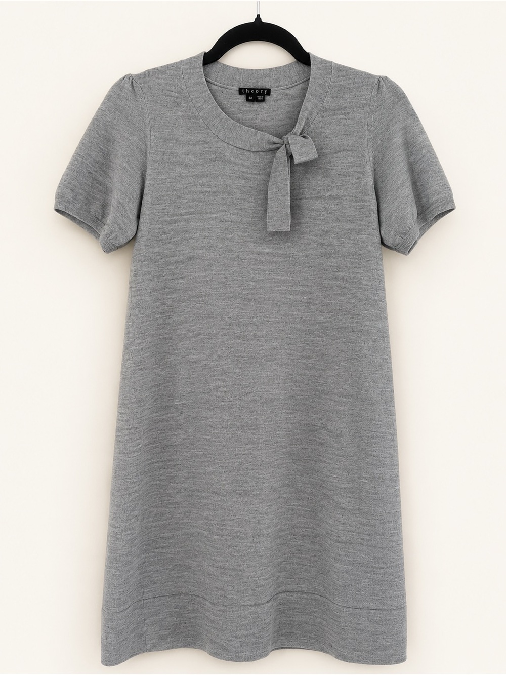 Theory Gray Merino Wool Knit Shift Dress Short Sleeve Bow Neck Size Small